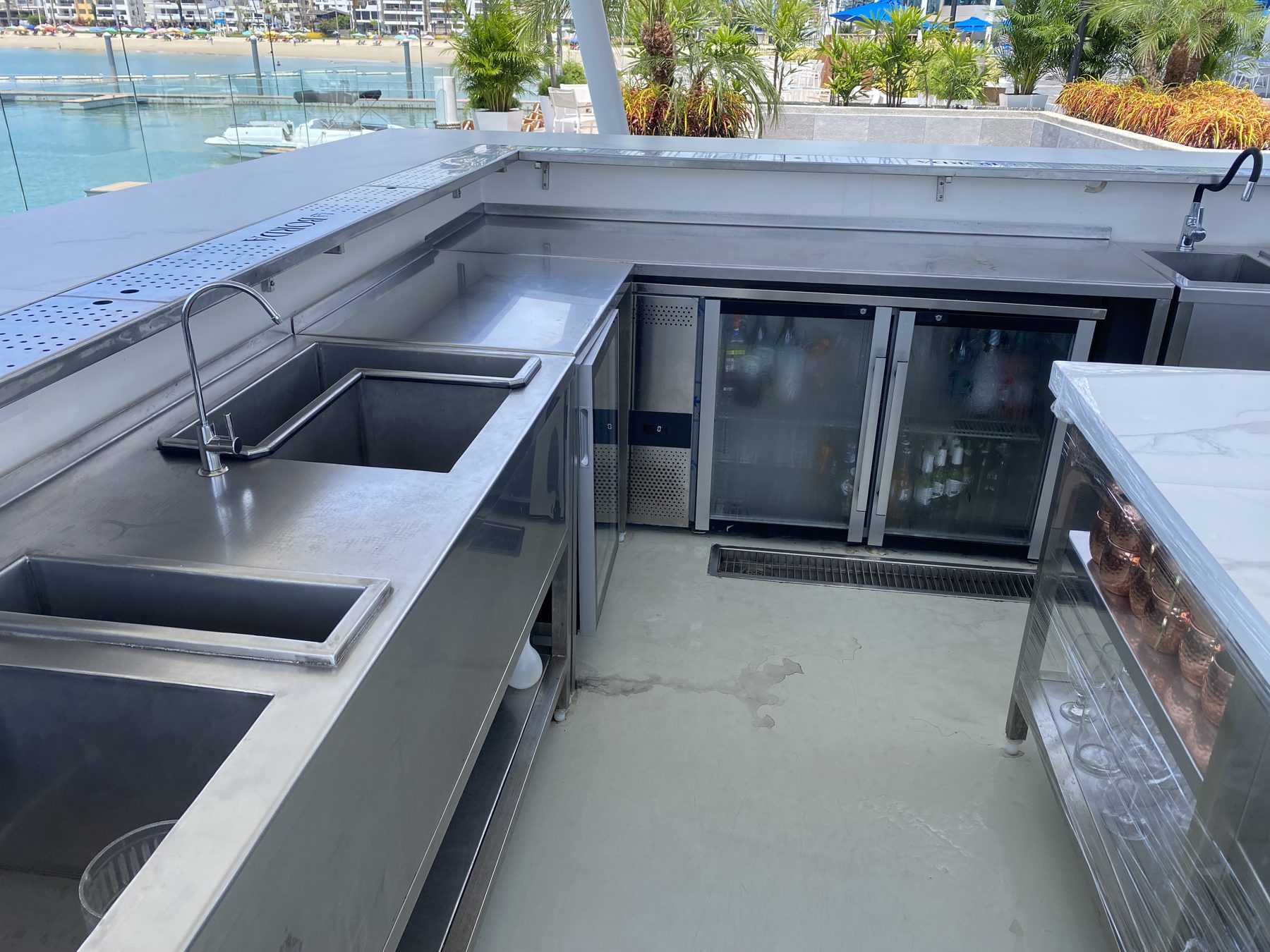 Fregaderos y refrigeradores de puerta de vidrio bajo la barra