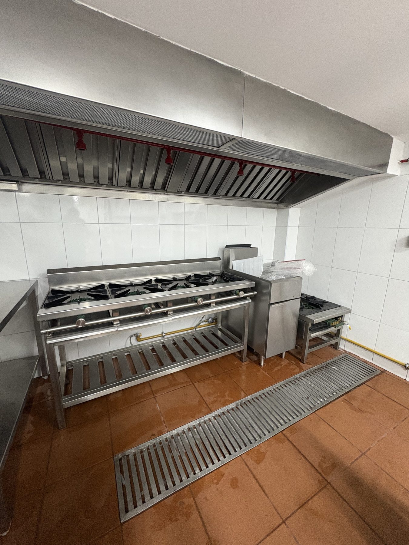 Cocina de 4 quemadores, freidora y fogón bajo la campana de extracción